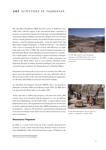 Report summarizing Aga Khan Foundation activities in Tajikistan since 1992.