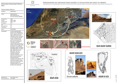 Preservation of Sacred and Collective Architectures in Moroccan Oases - Presentation panels are drawings, images, and text graphically prepared by the architect and submitted to the Aga Khan Award for Architecture during the later round of the Award cycle. The portfolios are kept in the Aga Khan Trust for Culture Library for consultation purposes.