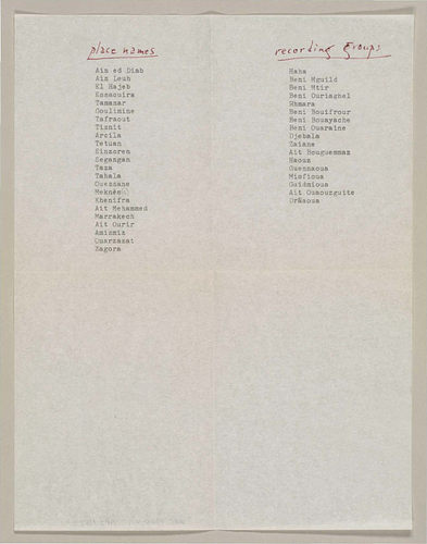 El Hajeb - A list of place names and recording groups for the Moroccan Music Collection, recorded by Paul Bowles. &nbsp;The recording of Bowles reading the list is&nbsp;<a href="http://archnet.org/collections/872/media_contents/99154" target="_blank">available here</a>.&nbsp;<br><br>Places:<br><a href="http://archnet.org/collections/872/collections/925" target="_blank" data-bypass="true">Ain ed Diab</a><div>Ain Leuh <br><a href="http://archnet.org/sites/14755" target="_blank">El Hajeb&nbsp;</a><br><a href="http://archnet.org/collections/872/collections/926" target="_blank">Essaouira&nbsp;</a><br>Tamanar <br><a href="http://archnet.org/collections/872/collections/928" target="_blank">Goulimine&nbsp;</a><br><a href="http://archnet.org/collections/872/collections/929" target="_blank">Tafraout&nbsp;</a><br><a href="http://archnet.org/collections/872/collections/930" target="_blank">Tiznit</a><br><div><a href="http://archnet.org/collections/872/collections/924" target="_blank">Tanger</a><br><a href="http://archnet.org/collections/872/collections/932" target="_blank">Arcila&nbsp;</a><br><a href="http://archnet.org/collections/872/collections/931" target="_blank">Tetuan&nbsp;</a><br><a href="https://archnet.org/collections/934" target="_blank">Einzoren&nbsp;</a><br>Segangan <br>Taza <br>Tahala <br>Ouezzane <br>Meknès <br>Khenifra <br>Ait Mehammed <br><a href="http://archnet.org/sites/14772" target="_blank">Marrakech&nbsp;</a><br>Ait Ourir <br>Amizmiz <br>Ouarzazate <br>Zagora <br></div></div>