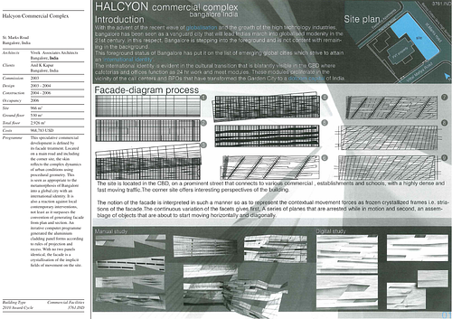 Halcyon Commercial Complex - Presentation panels are drawings, images, and text graphically prepared by the architect and submitted to the Aga Khan Award for Architecture during the later round of the Award cycle. The portfolios are kept in the Aga Khan Trust for Culture Library for consultation purposes.