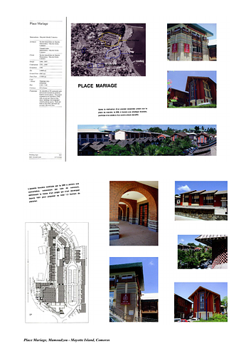 Place Mariage - Presentation panels are drawings, images, and text graphically prepared by the architect and submitted to the Aga Khan Award for Architecture during the later round of the Award cycle. The portfolios are kept in the Aga Khan Trust for Culture Library for consultation purposes.