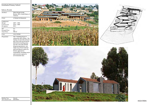 Umubano Primary School - Presentation panels are drawings, images, and text graphically prepared by the architect and submitted to the Aga Khan Award for Architecture during the later round of the Award cycle. The portfolios are kept in the Aga Khan Trust for Culture Library for consultation purposes.