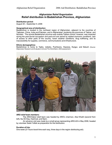 September 2006 report on ARO relief efforts in Badakhshan Province.
