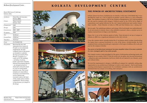 Kolkata Development Centre - Presentation panels are drawings, images, and text graphically prepared by the architect and submitted to the Aga Khan Award for Architecture during the later round of the Award cycle. The portfolios are kept in the Aga Khan Trust for Culture Library for consultation purposes.