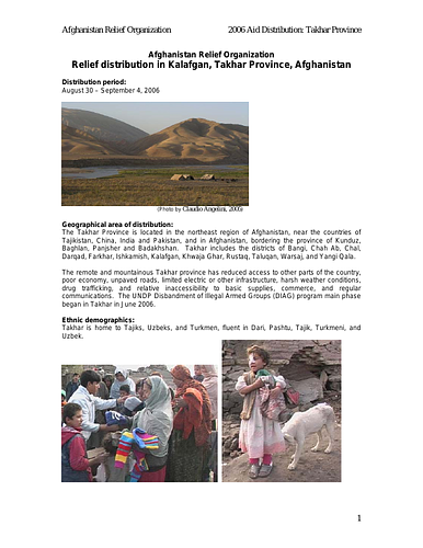 September 2006 report on ARO relief efforts in&nbsp;Kalafgan, Takhar Province.