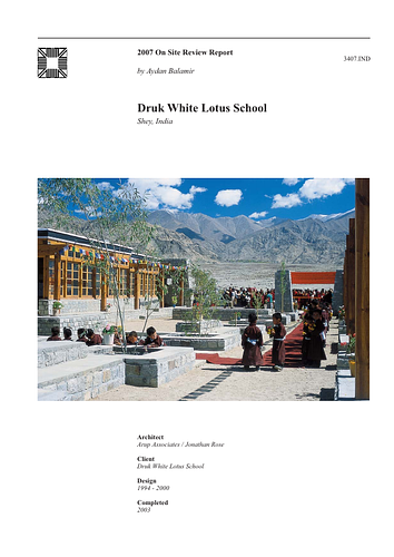 Druk Pema Karpo Institute - The On-site Review Report, formerly called the Technical Review, is a document prepared for the Aga Khan Award for Architecture by commissioned independent reviewers who report to the Master Jury about a specific shortlisted project. The reviewers are architectural professionals specialised in various disciplines, including housing, urban planning, landscape design, and restoration. Their task is to examine, on-site, the shortlisted projects to verify project data seek. The reviewers must consider a detailed set of criteria in their written reports, and must also respond to the specific concerns and questions prepared by the Master Jury for each project. This process is intensive and exhaustive making the Aga Khan Award process entirely unique.