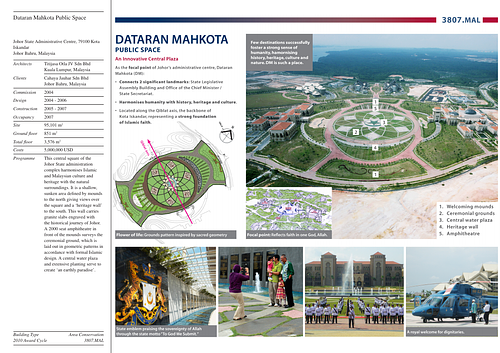 Dataran Mahkota Public Space - Presentation panels are drawings, images, and text graphically prepared by the architect and submitted to the Aga Khan Award for Architecture during the later round of the Award cycle. The portfolios are kept in the Aga Khan Trust for Culture Library for consultation purposes.