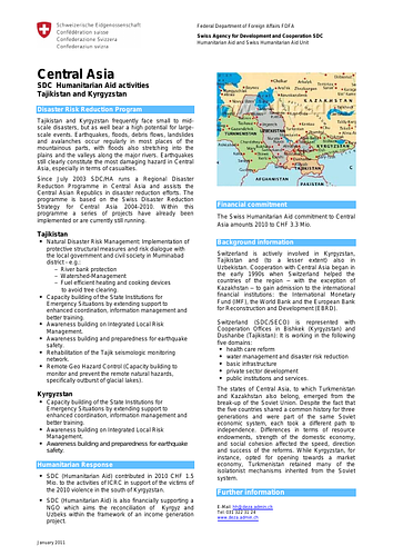 1 page fact sheet on SDC Humanitarian Aid activities in Tajikistan and Kyrgyzstan.