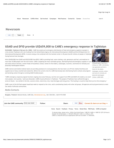 CARE: USAID and DFID provide US$659,000 to CARE's emergency response in Tajikistan