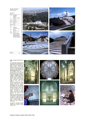 Mosque and Islamic Cultural Center - Presentation panels are drawings, images, and text graphically prepared by the architect and submitted to the Aga Khan Award for Architecture during the later round of the Award cycle. The portfolios are kept in the Aga Khan Trust for Culture Library for consultation purposes.