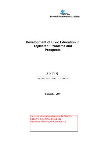 The purpose of this book is to present the results of civic education research in Tajikistan. The book includes analysis of the current condition of the civic education system in state educational establishments and includes programs and projects of organizations working in civil society.<br/><br/>The book is intended for experts working in education, teachers of secondary schools, lecturers of universities, and for interested persons concerned about the problems of the development of civic education in Tajikistan.<br/><br/>The publication was prepared by The Peaceful Development Academy and the research was commissioned by the Aga Khan Foundation Civil Society Program.