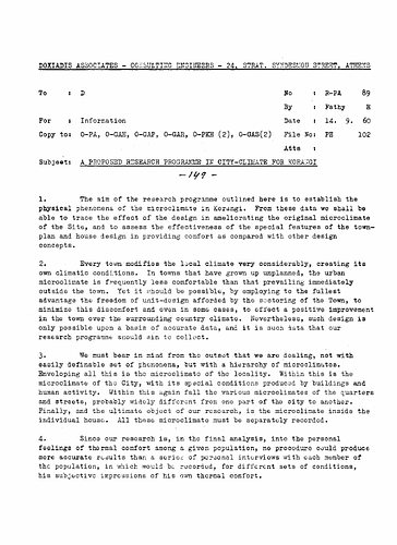 Doxiadis Associates  - Written for: Doxiadis Associates <br/><br/>Date: September 14, 1960<br/><br/>This document outlines the directives of a research program aimed to establish the physical phenomena of the microclimate of the town of Korangi in Pakistan. The data collected from the research was intended to trace the effect of the design in ameliorating the original microclimate of Korangi and assess the effectiveness of the special features of the town-plan and house design in order to provide a comfortable living environment with other design concepts.