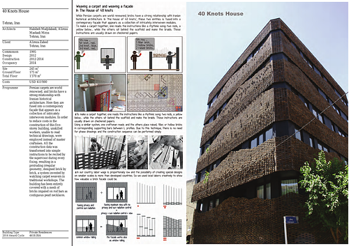 40 Knots House - Presentation panels are drawings, images, and text graphically prepared by the architect and submitted to the Aga Khan Award for Architecture during the later round of the Award cycle. The portfolios are kept in the Aga Khan Trust for Culture Library for consultation purposes.