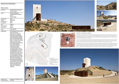 Nasrid Tower Restoration - Presentation panels are drawings, images, and text graphically prepared by the architect and submitted to the Aga Khan Award for Architecture during the later round of the Award cycle. The portfolios are kept in the Aga Khan Trust for Culture Library for consultation purposes.