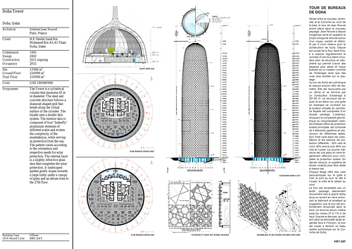 Doha Tower - Presentation panels are drawings, images, and text graphically prepared by the architect and submitted to the Aga Khan Award for Architecture during the later round of the Award cycle. The portfolios are kept in the Aga Khan Trust for Culture Library for consultation purposes.