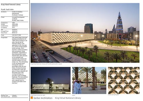 King Fahad National Library - Presentation panels are drawings, images, and text graphically prepared by the architect and submitted to the Aga Khan Award for Architecture during the later round of the Award cycle. The portfolios are kept in the Aga Khan Trust for Culture Library for consultation purposes.
