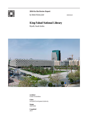 King Fahad National Library - The On-site Review Report, formerly called the Technical Review, is a document prepared for the Aga Khan Award for Architecture by commissioned independent reviewers who report to the Master Jury about a specific shortlisted project. The reviewers are architectural professionals specialised in various disciplines, including housing, urban planning, landscape design, and restoration. Their task is to examine, on-site, the shortlisted projects to verify project data seek. The reviewers must consider a detailed set of criteria in their written reports, and must also respond to the specific concerns and questions prepared by the Master Jury for each project. This process is intensive and exhaustive making the Aga Khan Award process entirely unique.