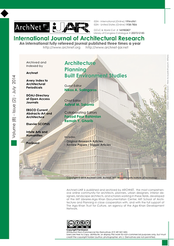 Nikos A. Salingaros - <div>Special Issue: Complexity, Patterns, and Biophilia&nbsp;<br></div><div><br></div>Archnet-IJAR International Journal of Architectural Research is an interdisciplinary, fully-refereed scholarly online journal of architecture, planning, and built environment studies. Two international boards (advisory and editorial) ensure the quality of scholarly papers and allow for a comprehensive academic review of contributions spanning a wide spectrum of issues, methods, theoretical approaches and architectural and development practices.  <br><br>ArchNet-IJAR provides a comprehensive academic review of a wide spectrum of issues, methods, and theoretical approaches. It aims to bridge theory and practice in the fields of architectural/design research and urban planning/built environment studies, reporting on the latest research findings and innovative approaches for creating responsive environments. Articles are listed individually below.<div><br><p class="MsoNormal">Keywords:&nbsp;<o:p></o:p>complexity;
patterns; biophilia; biophilic design; Christopher Alexander; modeling; modernism; sustainability;
traditionalism</p></div>