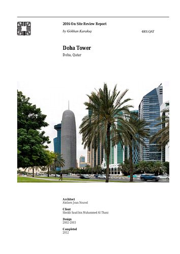 Doha Tower - The On-site Review Report, formerly called the Technical Review, is a document prepared for the Aga Khan Award for Architecture by commissioned independent reviewers who report to the Master Jury about a specific shortlisted project. The reviewers are architectural professionals specialised in various disciplines, including housing, urban planning, landscape design, and restoration. Their task is to examine, on-site, the shortlisted projects to verify project data seek. The reviewers must consider a detailed set of criteria in their written reports, and must also respond to the specific concerns and questions prepared by the Master Jury for each project. This process is intensive and exhaustive making the Aga Khan Award process entirely unique.