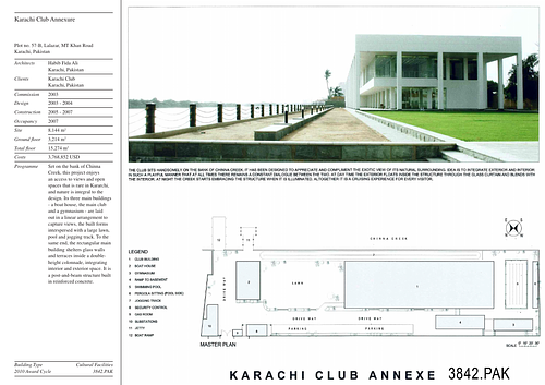 Karachi Club Annexure - Presentation panels are drawings, images, and text graphically prepared by the architect and submitted to the Aga Khan Award for Architecture during the later round of the Award cycle. The portfolios are kept in the Aga Khan Trust for Culture Library for consultation purposes.