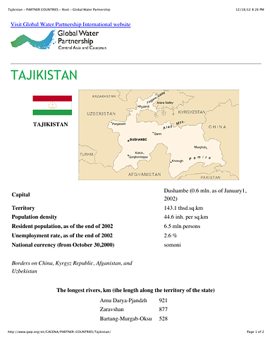Global Water Partnership's profile of Tajikistan, one of their partner countries.