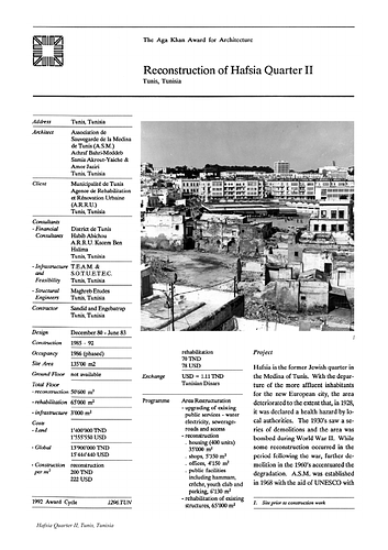 Hafsia Quarter II Reconstruction - A project summary is a brief description of the project compiled by an editor at the Aga Khan Award for Architecture extracting information from the architect's record, client's record, presentation panels, and nominators statement.