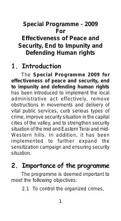 MoHA: Special Programme, 2009 for effectiveness of peace and security, end to impunity and defending human rights
