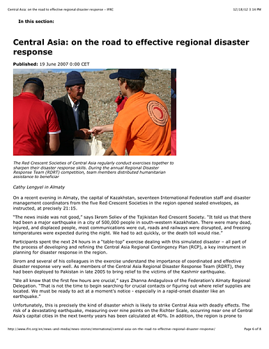 News article from the International Federation of Red Cross and Red Crescent Societies web site discussing disaster response exercises conducted by the Red Crescent Societies of Central Asia.