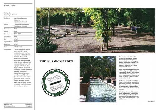 Islamic Garden - Presentation panels are drawings, images, and text graphically prepared by the architect and submitted to the Aga Khan Award for Architecture during the later round of the Award cycle. The portfolios are kept in the Aga Khan Trust for Culture Library for consultation purposes.