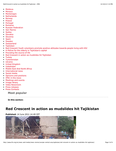 News article from the International Federation of Red Cross and Red Crescent Societies web site describing the work of Red Crescent Society of Tajikistan in the response to flooding and mudslides in Tajikistan.