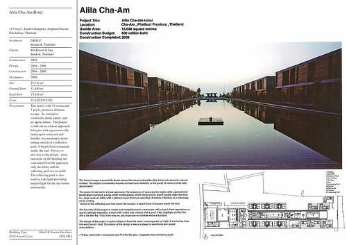 Alila Cha-Am Hotel - Presentation panels are drawings, images, and text graphically prepared by the architect and submitted to the Aga Khan Award for Architecture during the later round of the Award cycle. The portfolios are kept in the Aga Khan Trust for Culture Library for consultation purposes.
