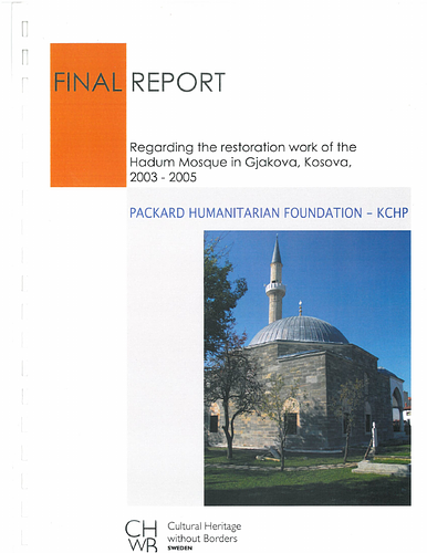 Hadim Suleiman Aga Mosque Complex - <p><font style="font-size: 13px;">This final report details results of the renovation of the Hadum Mosque, severely damaged in 1999 when all other buildings in the mosque complex were destroyed during fighting in the region.&nbsp; According to the report, the restoration was intended to <br></font></p><blockquote><p><font style="font-size: 13px;">contribute to the preservation of the multi-religious
built heritage of Kosovo" by preserving "a civic symbol of Gjakova... restoring the
exterior and the yard of the mosque according to international conservation and
restoration principles. </font></p></blockquote><p><font style="font-size: 13px;"><br>The restoration consisted of 12 discreet tasks: </font></p><blockquote><p class="MsoNormal"><font style="font-size: 13px;">1.&nbsp;&nbsp; Restoration
and reconstruction of minaret;</font></p><p>

</p><p class="MsoNormal"><font style="font-size: 13px;">2.&nbsp;&nbsp; Stone
conservation of the walls, columns, window frames and doorframe stones;</font></p><p>

</p><p class="MsoNormal"><font style="font-size: 13px;">3.&nbsp;&nbsp; Painting
conservation in the portico;</font></p><p>

</p><p class="MsoNormal"><font style="font-size: 13px;">4.&nbsp;&nbsp; Restoration
of the praying hall cupola;</font></p><p>

</p><p class="MsoNormal"><font style="font-size: 13px;">5.&nbsp;&nbsp; Restoration
of the portico stone cornice;</font></p><p>

</p><p class="MsoNormal"><font style="font-size: 13px;">6.&nbsp;&nbsp; Works
with the purpose to decrease the humidity in the foundation and stone walls;</font></p><p>

</p><p class="MsoNormal"><font style="font-size: 13px;">7.&nbsp;&nbsp; Drainages
all around the mosque;</font></p><p>

</p><p class="MsoNormal"><font style="font-size: 13px;">8.&nbsp;&nbsp; Paths and
pavement around the mosque;</font></p><p>

</p><p class="MsoNormal"><font style="font-size: 13px;">9.&nbsp;&nbsp; New floor
brick tiles in the portico;</font></p><p>

</p><p class="MsoNormal"><font style="font-size: 13px;">10. Restoration
of the entrance door to the praying hall and production of new doors in the
minaret;</font></p><p>

</p><p class="MsoNormal"><font style="font-size: 13px;">11. Restoration
of the yard and the surrounding walls;</font></p><p><font style="font-size: 13px;">

12. Maintenance
program and seminars on the site.</font></p></blockquote><p><font style="font-size: 13px;">The report contains 4 pages of photographs and 14 drawings that include plans, elevations, and sections.&nbsp; </font></p><br>