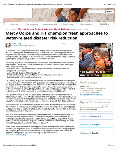 Press release announcing the development of risk reduction programs in six developing countries where people are particularly vulnerable to water-related disasters as part of the partnership between Mercy Corps and ITT Corporation.