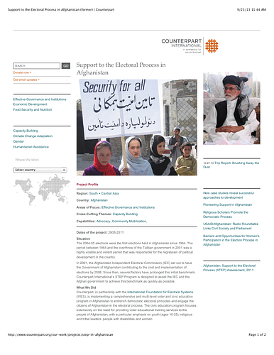 Project Profile for Counterpart's&nbsp;"Support to the Electoral Process in Afghanistan," which ran from 2008-2011.